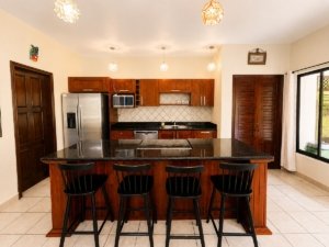 Spacious kitchen with island, wooden cabinets, and stainless steel appliances in Dominical.