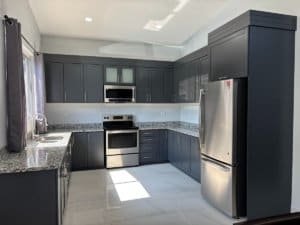 Contemporary kitchen with dark cabinets and stainless appliances in Dominical.