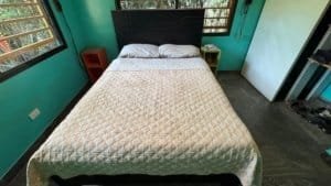 Bedroom with large bed, green walls, and natural light in Dominical.