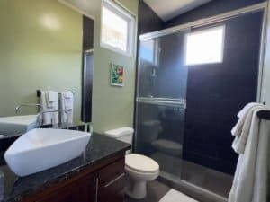 Contemporary bathroom with walk-in shower and stylish decor.