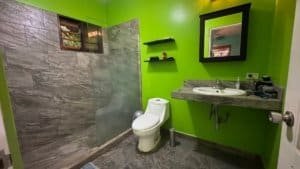 Bright green bathroom with walk-in shower and toilet in Dominical.
