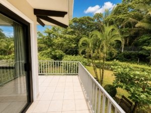 Balcony view of lush tropical garden in Dominical Costa Rica.