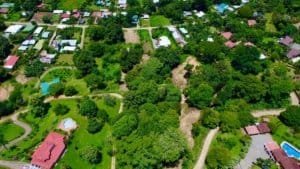 Aerial view of lush green land with trees and pathways in Dominical, Costa Rica.