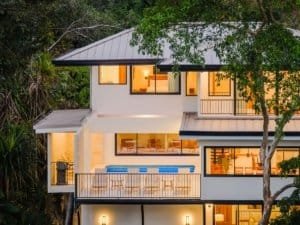 Modern multi-story house with ocean and jungle views in Dominical, Costa Rica.