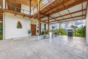 Covered outdoor terrace with mountain views, potted plants, and BBQ grill.