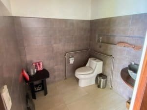 Bathroom with modern toilet, wall-mounted shelf, and decorative bowl.