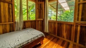 Interior of a wooden mountain home with large windows and lush greenery outside.