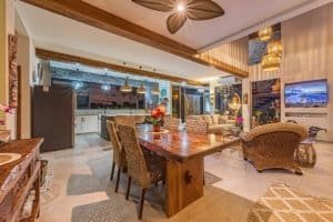 Spacious living room with mountain views, modern decor, and cozy seating area.