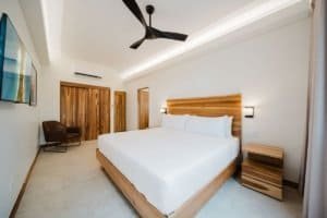 Spacious modern bedroom with king-size bed, wooden accents, and minimalist design.