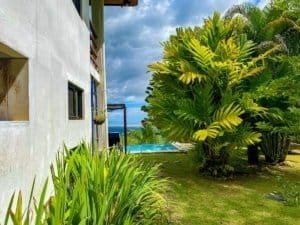 Lush tropical garden with ocean view from Costa Rica real estate property.