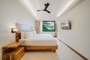 Modern bedroom with jungle view, wooden furniture, and minimalist decor.