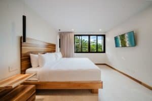 Modern bedroom with jungle view, flat-screen TV, and minimalist decor.
