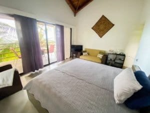 Bedroom with balcony overlooking lush tropical landscape and ocean in Dominical.