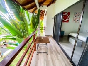 Balcony with ocean view, tropical plants, and sliding glass door to bedroom.
