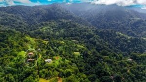 Lush green mountains and homes with ocean view in Dominical, Costa Rica.
