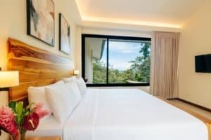 Modern bedroom with large window overlooking lush rainforest and mountains.