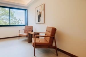 Cozy interior with two armchairs, a window view, and abstract art.