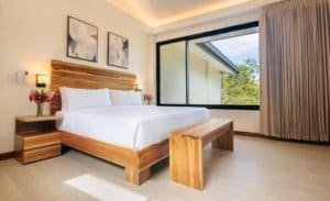 Modern bedroom with large window overlooking rainforest and mountain view.