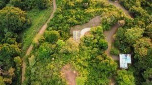 Aerial view of lush green forest with a house and winding roads in Dominical, Costa Rica.