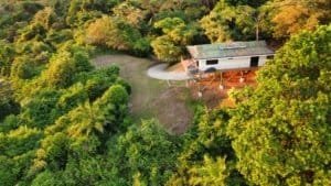 Aerial view of a modern home surrounded by lush tropical forest in Dominical.
