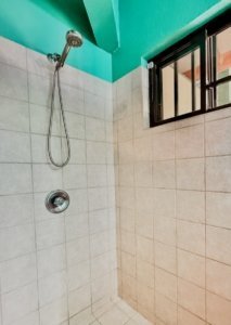 Bathroom shower with window and tiled walls in a Costa Rican home.