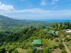 Scenic view of lush green hills, ocean, and sky from a Costa Rican property.