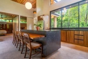 Modern Japanese style home interior with large windows and jungle scenery.
