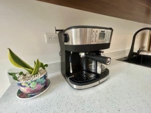 Stainless steel coffee maker on kitchen counter with potted plant nearby.