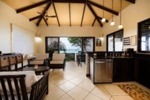 Spacious living room with ocean view, high vaulted ceiling, and modern decor.