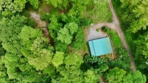 Secluded jungle home with blue roof surrounded by lush greenery in Dominical.
