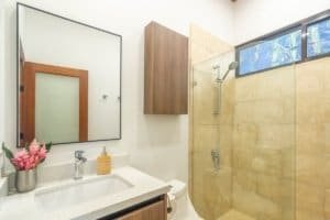 Contemporary bathroom with walk-in shower, wooden cabinet, and large window.