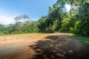 Gated property with dirt road surrounded by lush tropical trees in Dominical, Costa Rica.