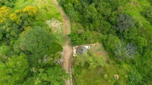 Aerial view of lush green forest and property in Dominical, Costa Rica.