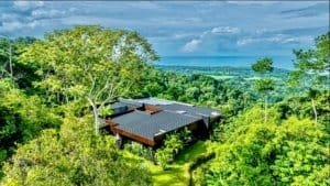 Modern luxury home surrounded by lush greenery and overlooking the ocean.