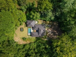 A Japanese style home with pool surrounded by lush green jungle in Costa Rica.