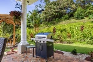 Outdoor BBQ grill with lush garden and patio in Dominical.
