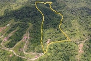 Aerial view of a wildlife reserve farm with river and swimming holes in Dominical, Costa Rica.