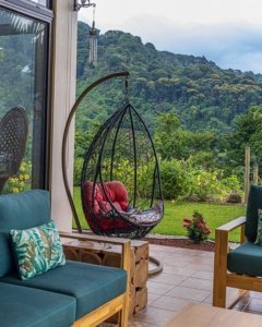 Outdoor seating area with hanging chair, mountain view, and lush garden.