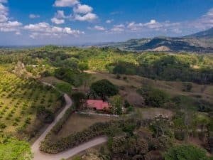 Aerial view of lush green landscape with house and winding road in Dominical.