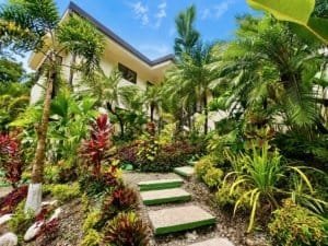 Lush tropical garden with steps leading to a modern house in Dominical.