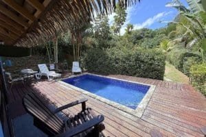 Private pool surrounded by lush jungle and tropical plants in Costa Rica.