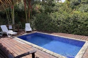 Private pool surrounded by lush jungle and deck chairs in Dominical.