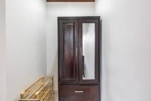 Dark wood wardrobe with mirror in a small entry closet.