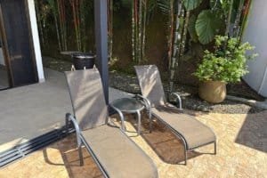 Outdoor seating area with two chaise lounges and a small table beside potted plants.