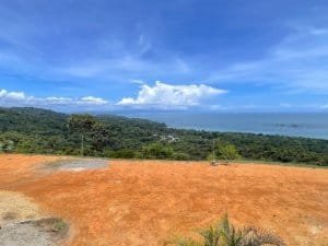 Scenic ocean view from fenced land with trees and blue sky in Dominical.