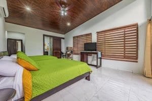 Bright hotel-style bedroom with two beds, green bedspreads, wooden ceiling, and large windows with l.