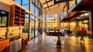 Panoramic sunset view from sunny open-concept kitchen and dining area with large glass walls.