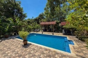 Beautiful pool surrounded by lush jungle and trees in Dominical, Costa Rica.