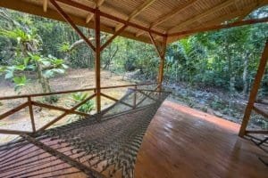 Relaxing jungle hotel deck with hammock and lush greenery in Dominical, Costa Rica.