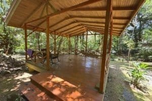 Wooden deck in lush jungle setting with seating and railing.